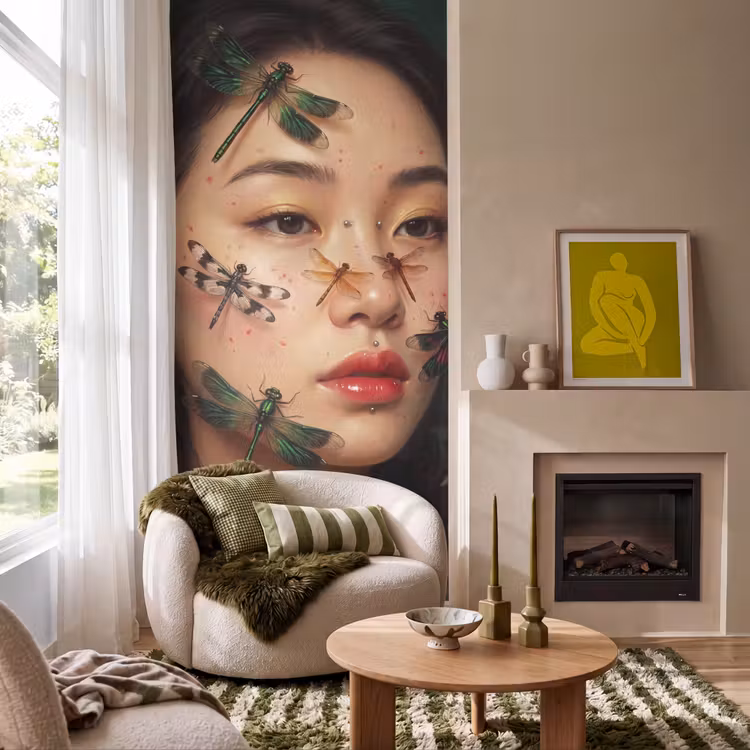 Behang - Vrouw - Insecten - Natuur - Portret - Groen β 1