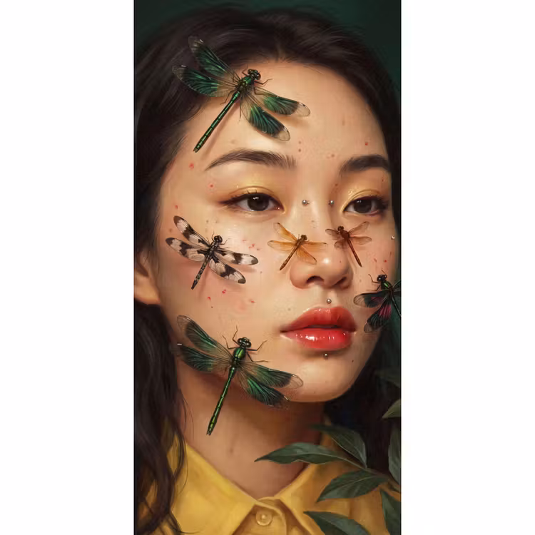 Behang - Vrouw - Insecten - Natuur - Portret - Groen β 2