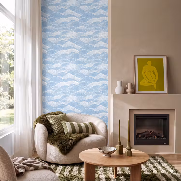 Behang - Blauw - Wit - Golven - Getekend — 1