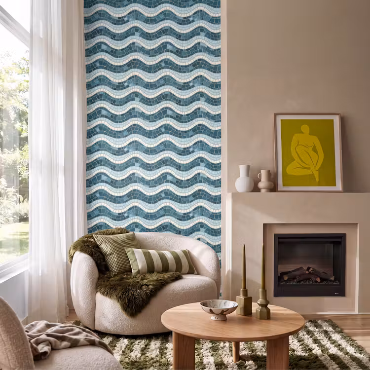 Behang - Blauw - Wit - Mozaïek - Golvend — 1