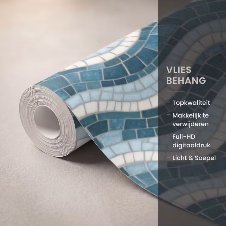 Behang - Blauw - Wit - Mozaïek - Golvend — 3