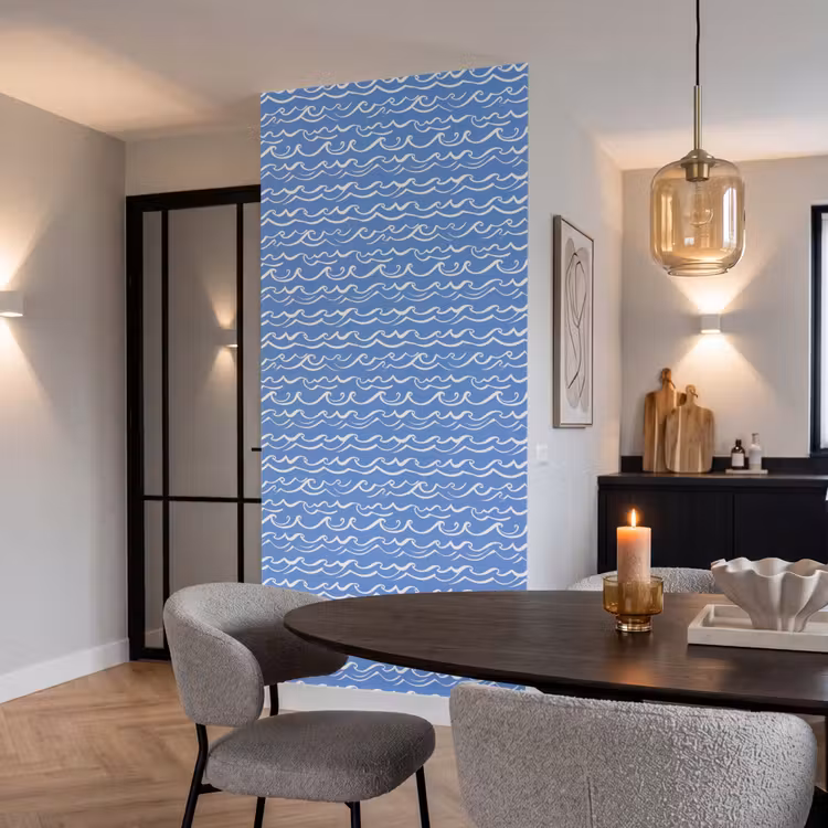 Behang - Blauw - Wit - Simpel - Getekend - Golven — 5