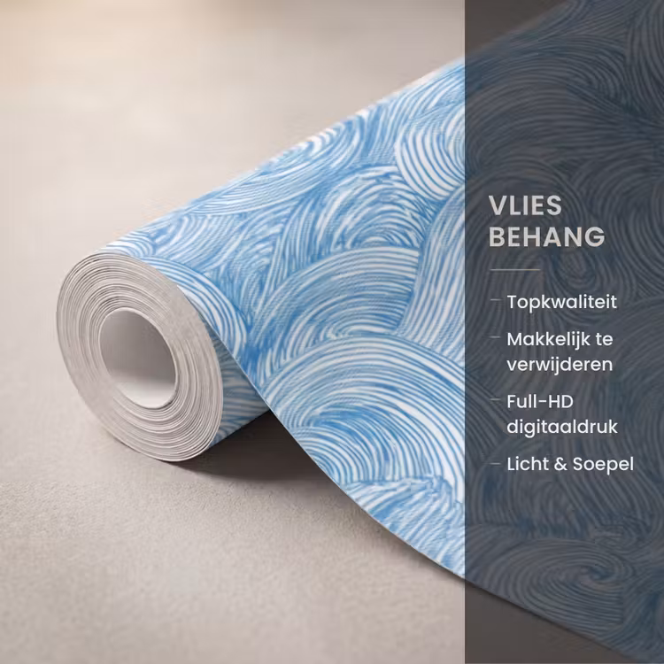 Behang - Blauw - Wit - Spiraal - Golven - Lijnen — 3