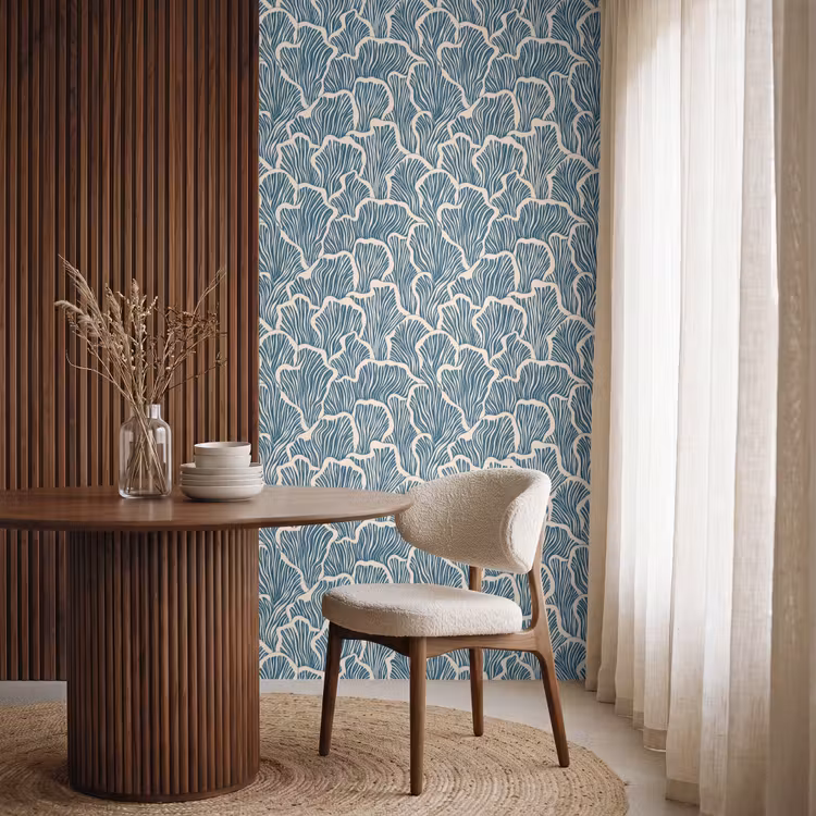 Behang - Organisch - Blauw - Crème - Schelpen — 4