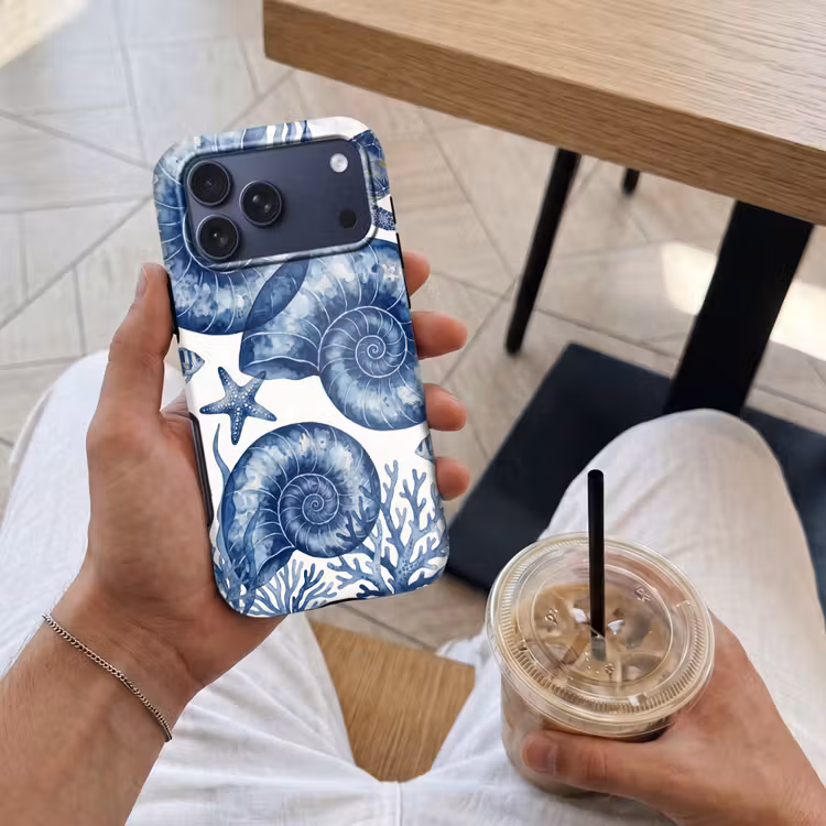 Telefoonhoesje Toughcase - Schelp - Spiraal - Zeeleven - Aquarel - Blauw — 4