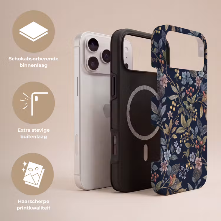 Telefoonhoesje Toughcase - Bloemen - Bladeren - Patroon - Botanisch - Donkerblauw — 3
