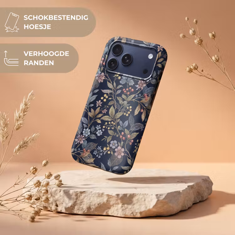 Telefoonhoesje Toughcase - Bloemen - Bladeren - Patroon - Botanisch - Donkerblauw — 5