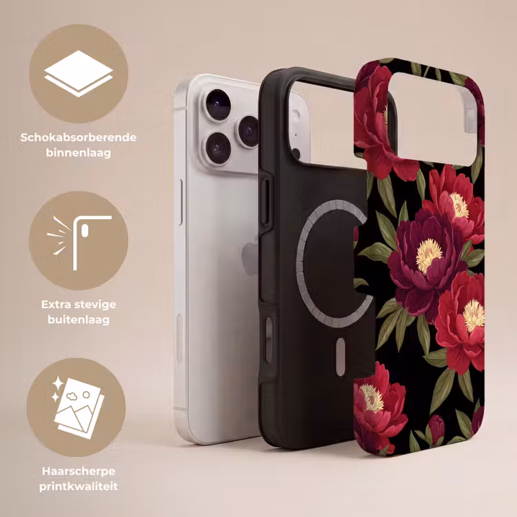 Telefoonhoesje Toughcase - Bloemen - Patroon - Botanisch - Rood - Zwart — 3