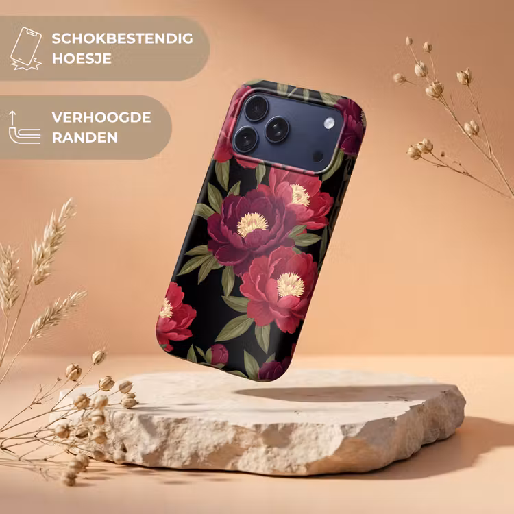 Telefoonhoesje Toughcase - Bloemen - Patroon - Botanisch - Rood - Zwart — 5
