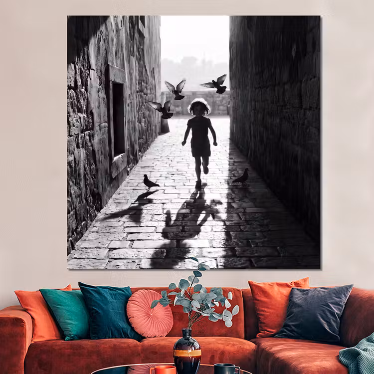 Forex - Kind - Vogel - Straat - Zwart-wit - Spelen — 3