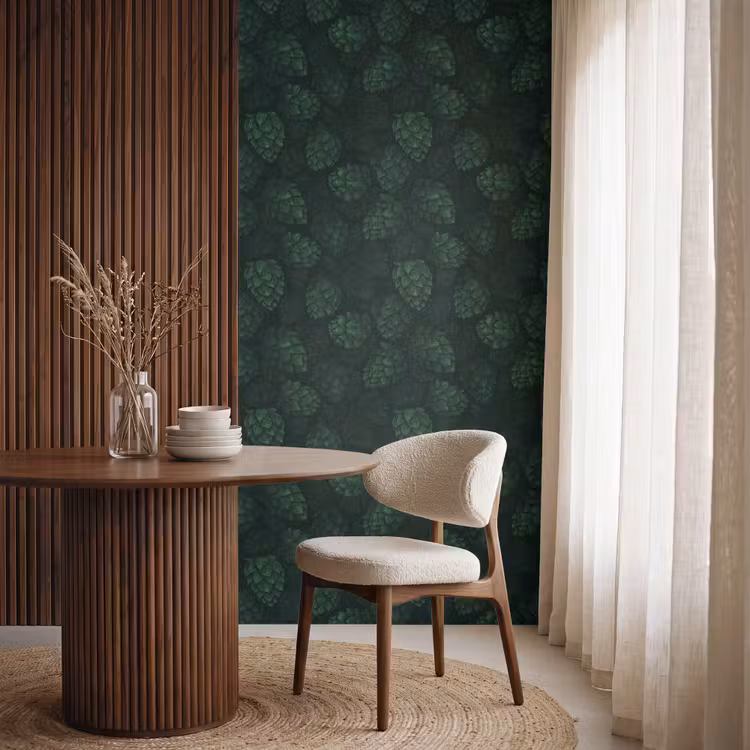 Behang - Donker - Groen - Hopbellen - Botanisch - Illustratie — 4