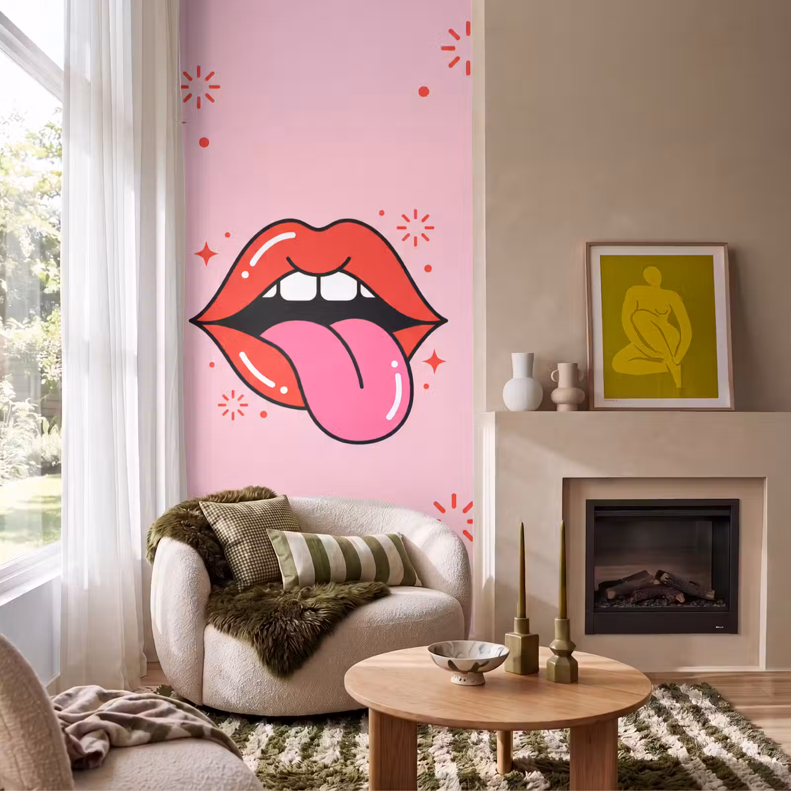 Behang - Lippen - Tong - Pop-art - Kleurrijk - Roze — 1