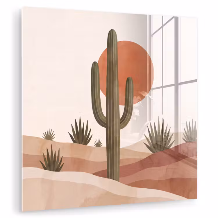 Glas schilderij - Cactus Woestijn Zonsondergang Aquarel