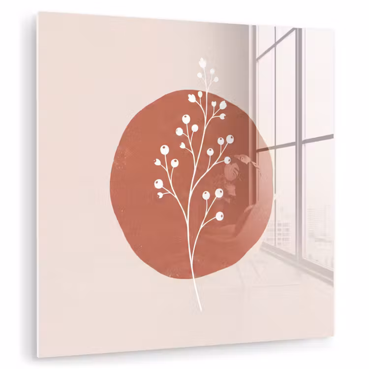 Glas schilderij - Takje met Besjes Terracotta Cirkel