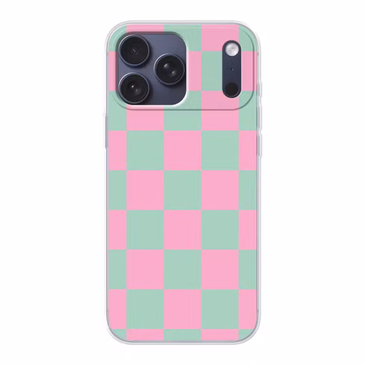 Telefoonhoesje Softcase - Schaakbord patroon - Groen - Roze - Blokjes — 1
