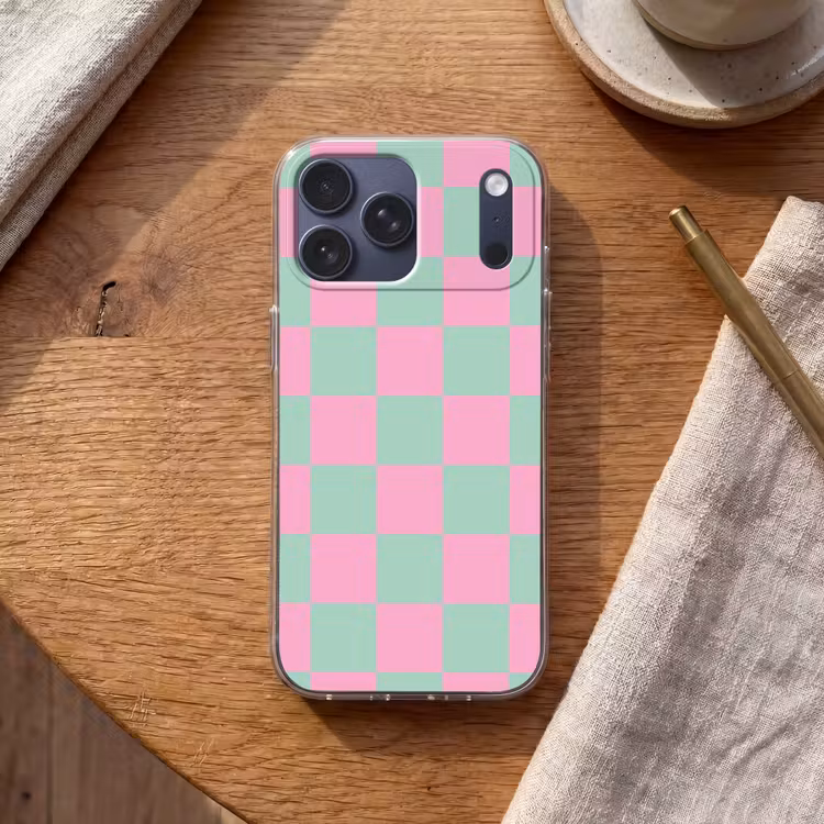 Telefoonhoesje Softcase - Schaakbord patroon - Groen - Roze - Blokjes — 2