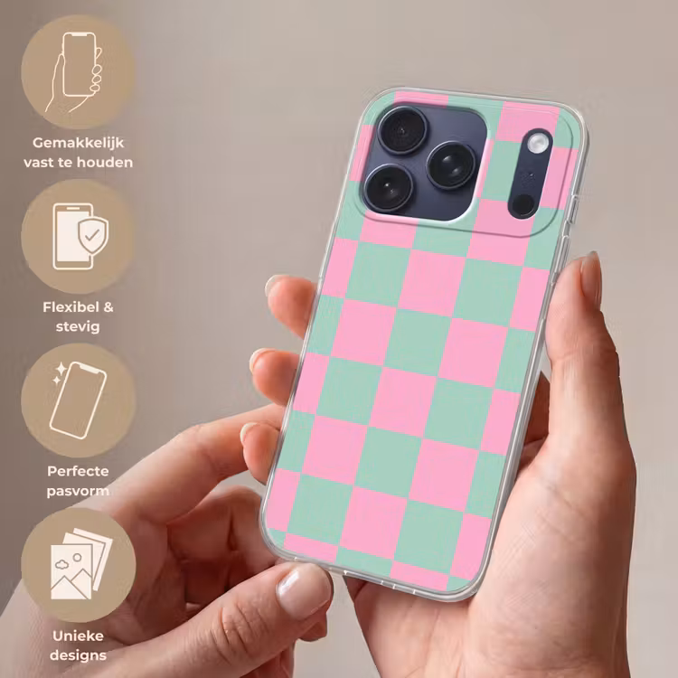 Telefoonhoesje Softcase - Schaakbord patroon - Groen - Roze - Blokjes — 4