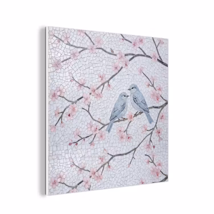 Forex - Vogel - Bloemen - Natuur - Mozaïek - Roze — 1
