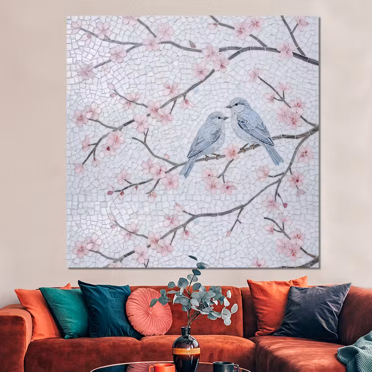 Forex - Vogel - Bloemen - Natuur - Mozaïek - Roze — 3