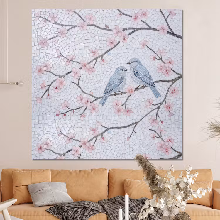 Forex - Vogel - Bloemen - Natuur - Mozaïek - Roze — 4
