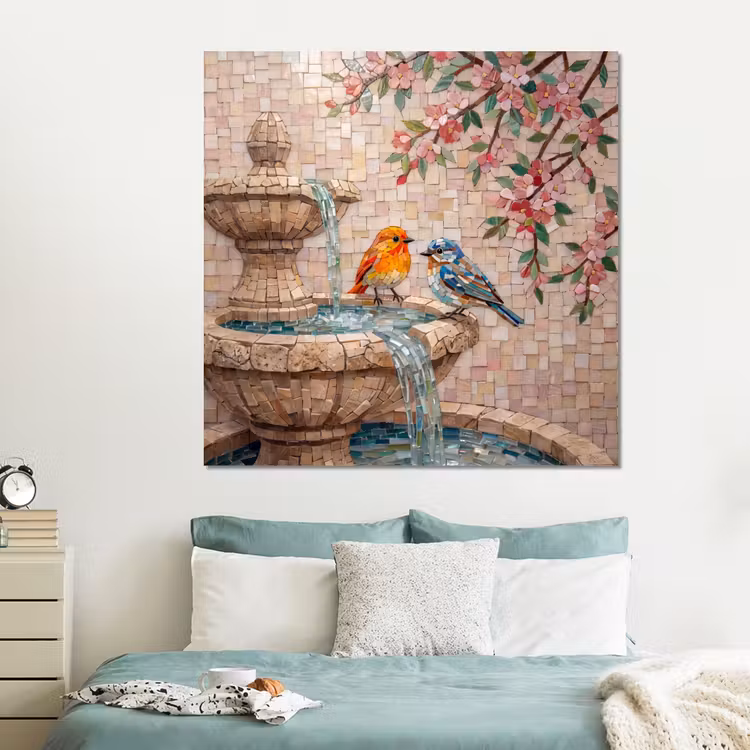 Forex - Vogel - fontein - mozaiek - kleurrijk - dieren — 2