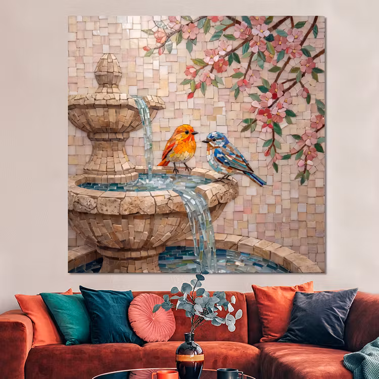 Forex - Vogel - fontein - mozaiek - kleurrijk - dieren — 3