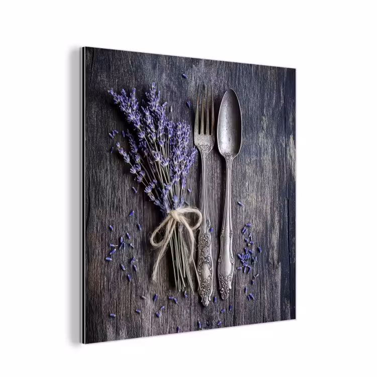 Aluminium schilderij - Lavendel - Lepel - Vork — 1
