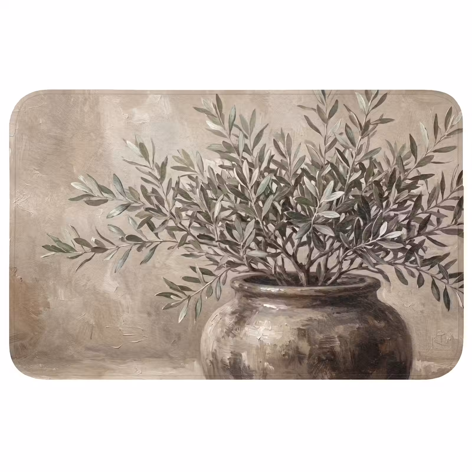 Badmat - Olijfplant - Aardenpot - Abstract - Beige — 1