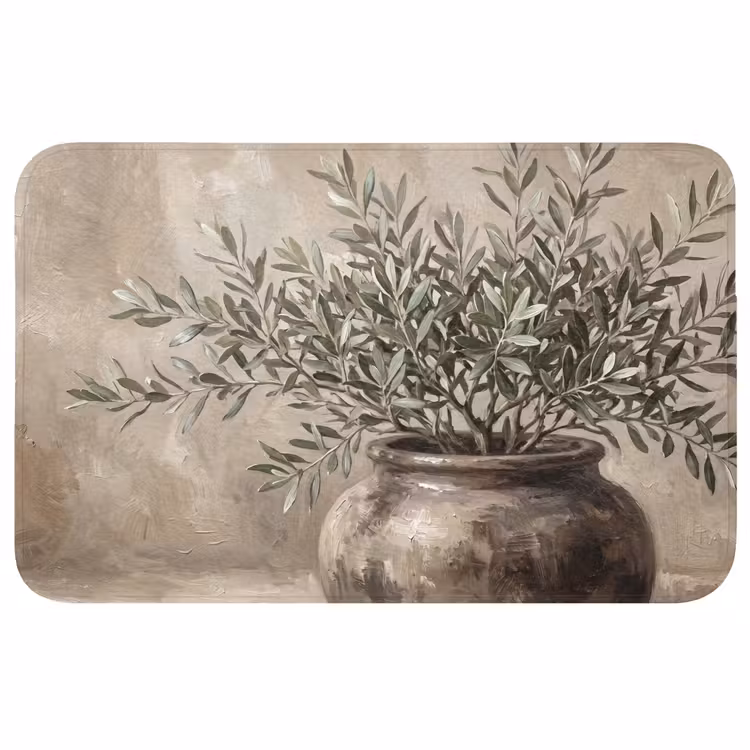Badmat - Olijfplant - Aardenpot - Abstract - Beige
