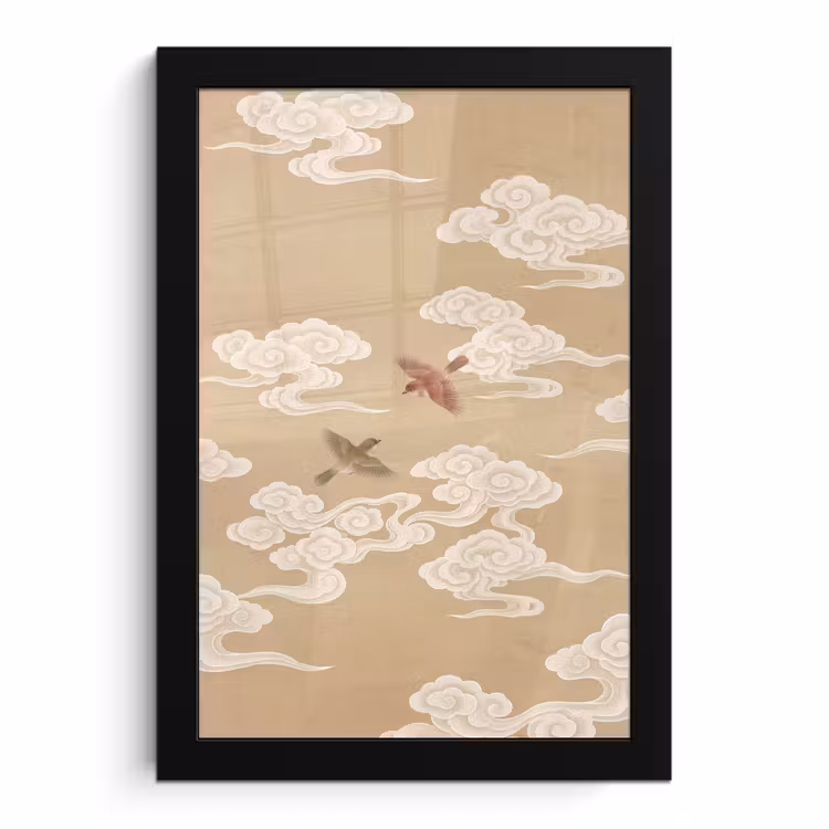 Poster met lijst - Vogels tussen Chinese Wolken Beige