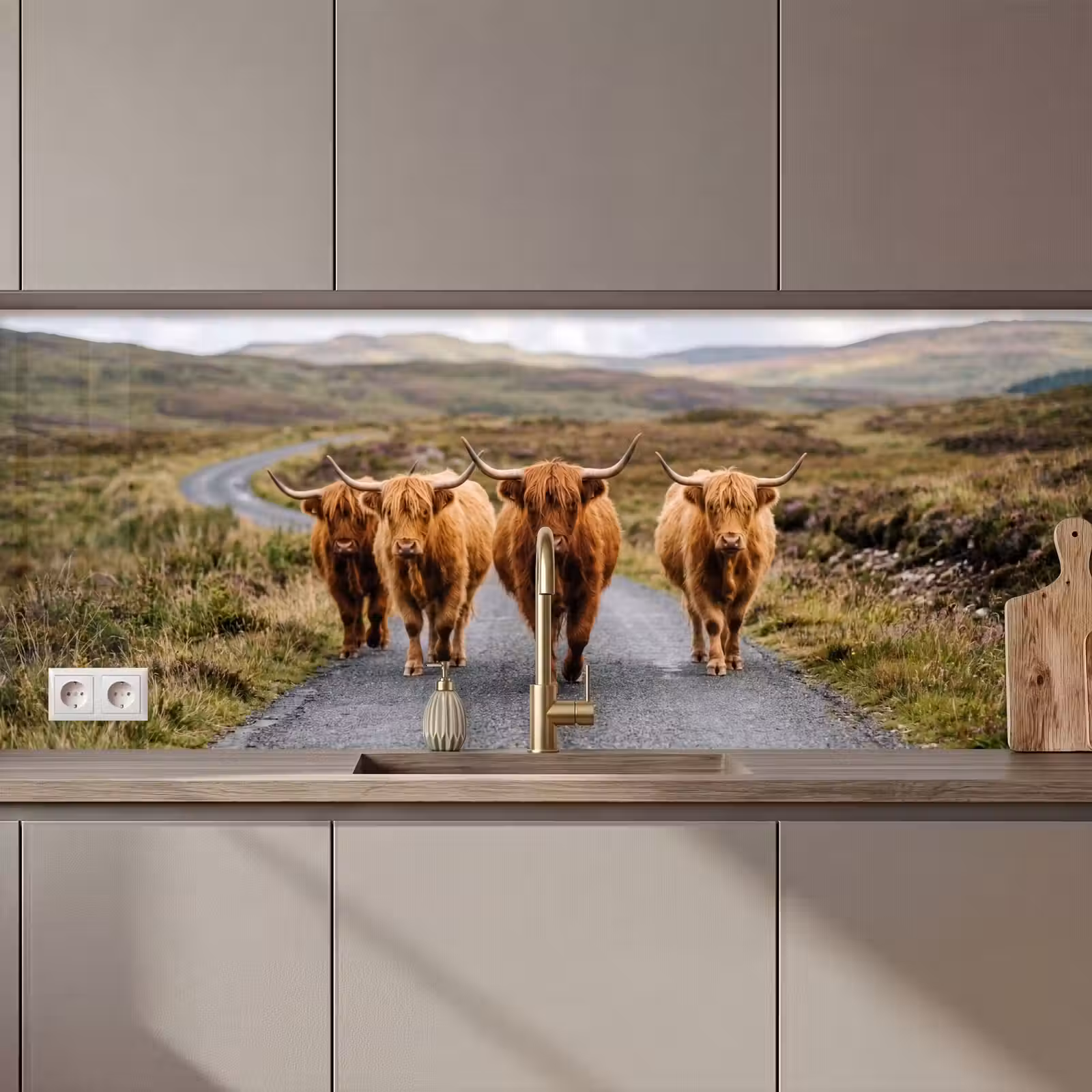 Keuken achterwand - Schotse Hooglanders - Weg - Landschap - Kudde — 1