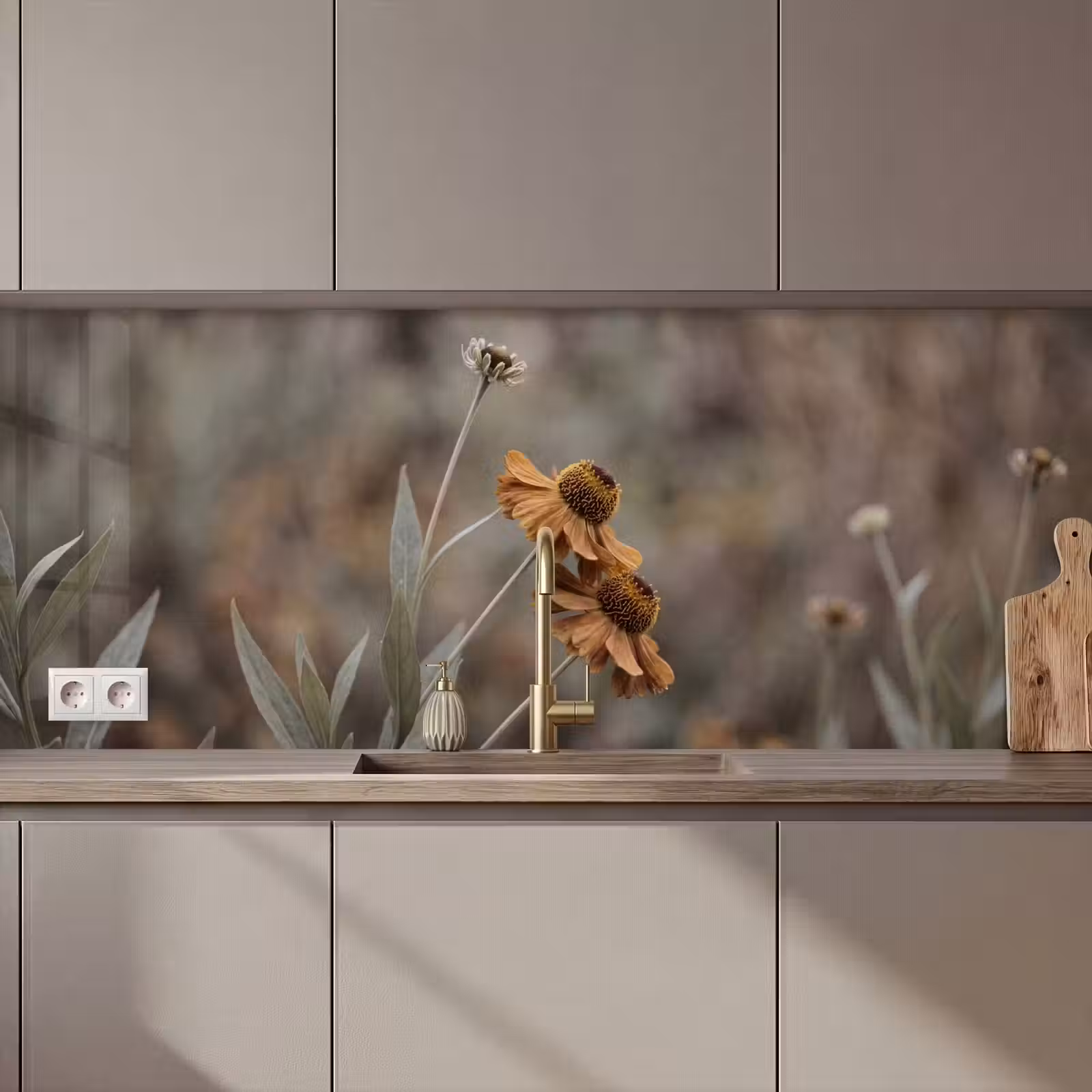 Keuken achterwand - Zonnehoed - Droogbloemen - Geel - Warm — 1