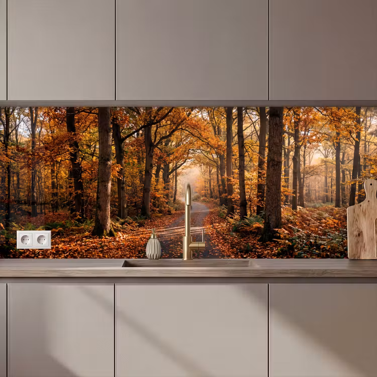 Keuken achterwand - Bospad - Herfstbos - Bladeren - Oranje - Nostalgisch