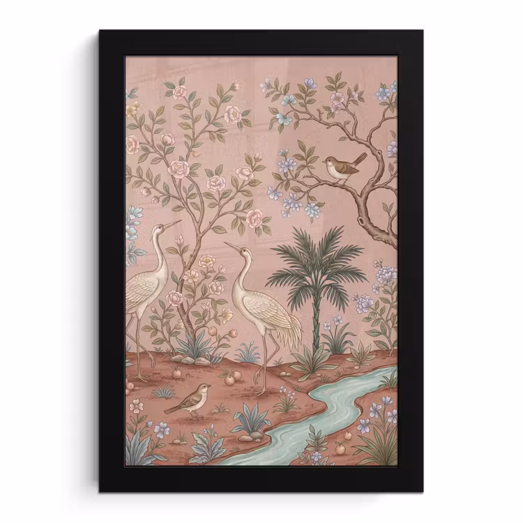 Poster met lijst - Kraanvogels Bloeiende Bomen Chinoiserie Oudroze