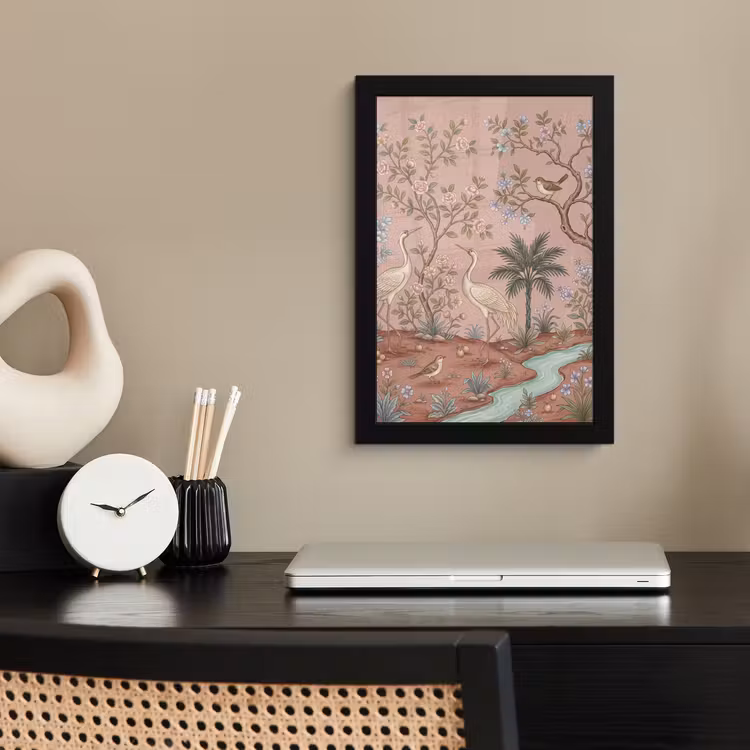 Poster met lijst - Kraanvogels Bloeiende Bomen Chinoiserie Oudroze — 2