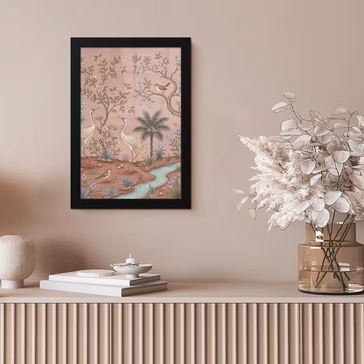 Poster met lijst - Kraanvogels Bloeiende Bomen Chinoiserie Oudroze — 5