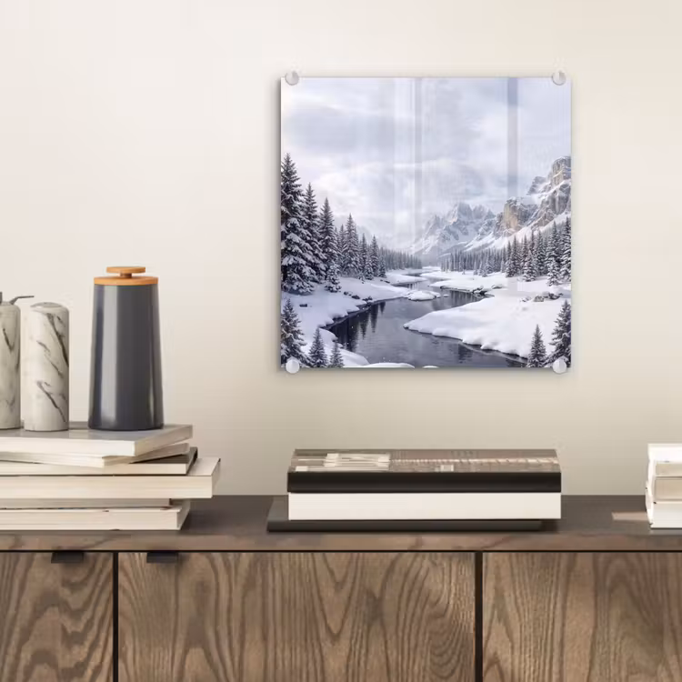 Glas schilderij - Sneeuwlandschap - Bergen - Rivier - Winter — 2