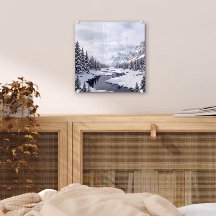 Glas schilderij - Sneeuwlandschap - Bergen - Rivier - Winter — 5