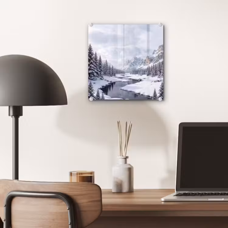 Glas schilderij - Sneeuwlandschap - Bergen - Rivier - Winter — 7