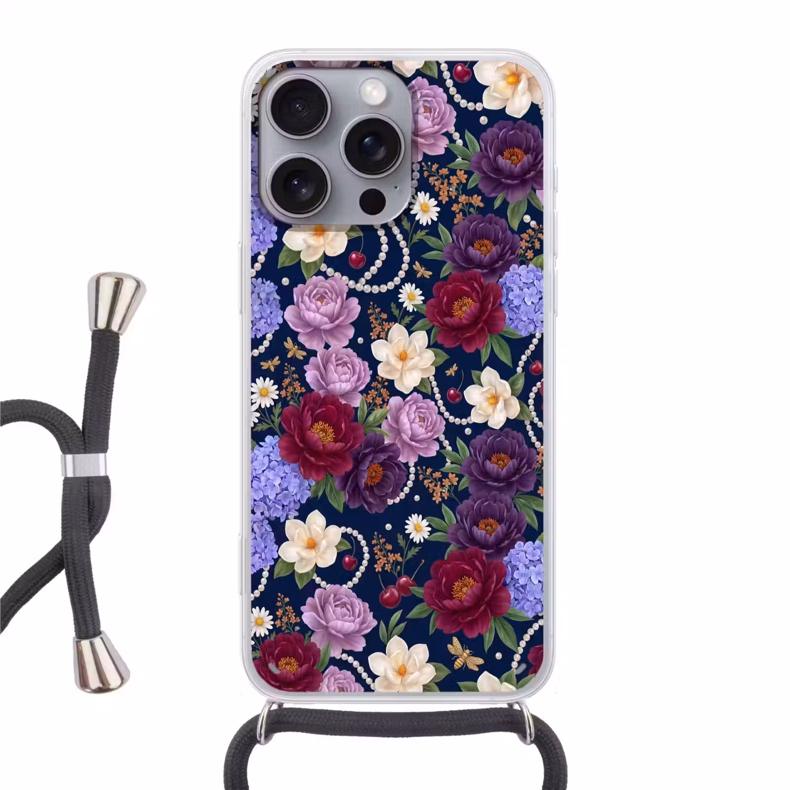Telefoonhoesje met koord - Bloemen - Parels - Decoratie - Modern - Blauw — 1