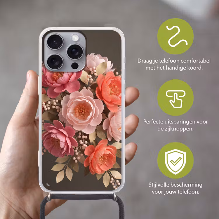 Telefoonhoesje met koord - Bloemen - Bloesem - Zacht - Koraal - Decoratie — 4
