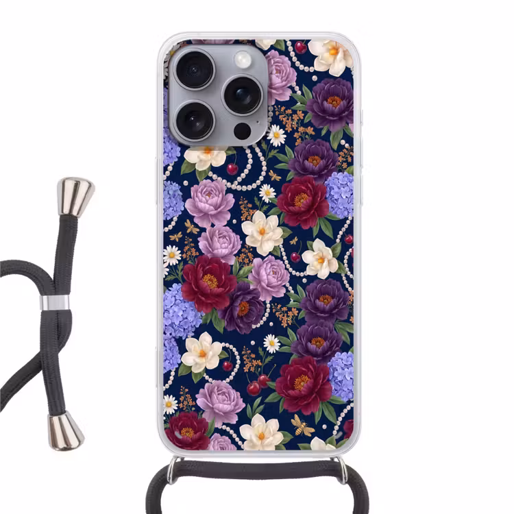 Telefoonhoesje met koord - Bloemen - Parels - Decoratie - Modern - Blauw — 1