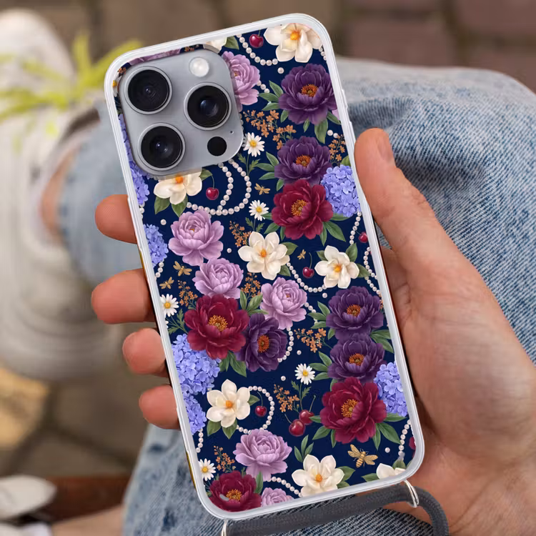 Telefoonhoesje met koord - Bloemen - Parels - Decoratie - Modern - Blauw — 2
