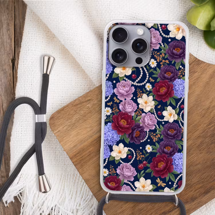 Telefoonhoesje met koord - Bloemen - Parels - Decoratie - Modern - Blauw — 3