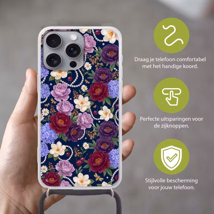 Telefoonhoesje met koord - Bloemen - Parels - Decoratie - Modern - Blauw — 4