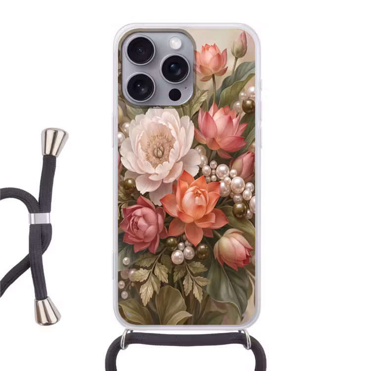 Telefoonhoesje met koord - Bloemen - Parels - Elegant - Roze - Wit — 1