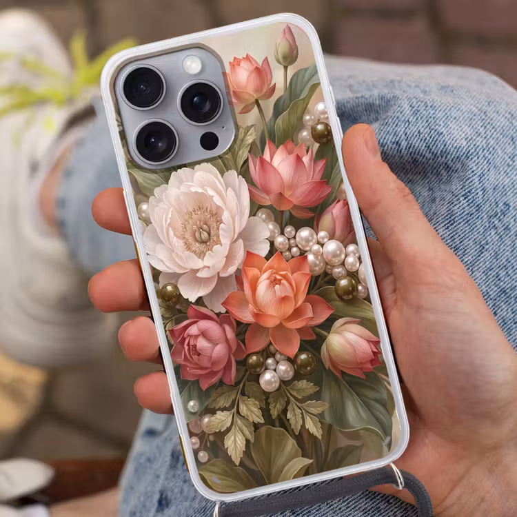 Telefoonhoesje met koord - Bloemen - Parels - Elegant - Roze - Wit — 2