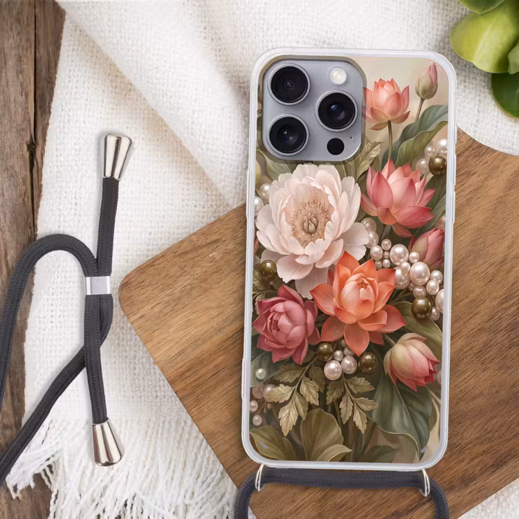 Telefoonhoesje met koord - Bloemen - Parels - Elegant - Roze - Wit — 3