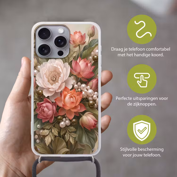Telefoonhoesje met koord - Bloemen - Parels - Elegant - Roze - Wit — 4