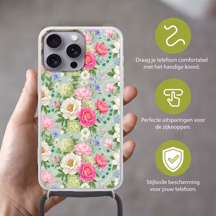Telefoonhoesje met koord - Bloemen - Patroon - Botanisch - Groen — 4